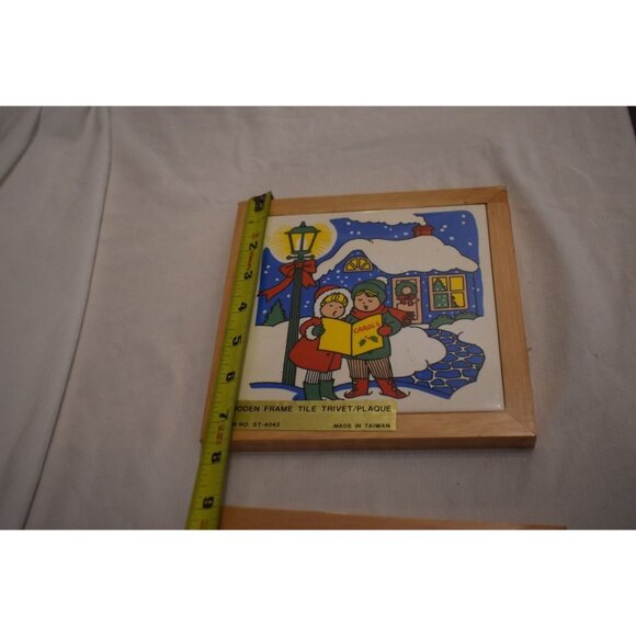 2 Vintage Christmas Ceramic Tile Santa & Carolers Wood Frame Hanging Trivets - Picture 3 of 4